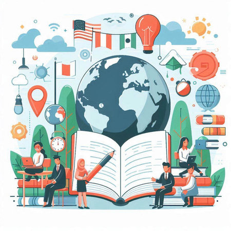 Vector illustration of people reading books and studying. Education and learning concept.のイラスト素材