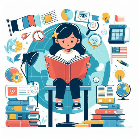 Vector illustration of a little girl sitting on a chair and reading a book. Flat style.のイラスト素材