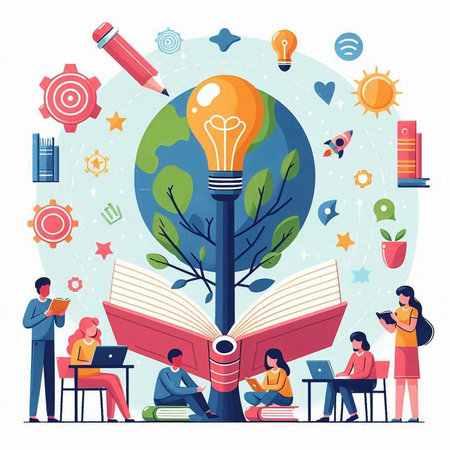 Education concept vector illustration. Cartoon flat design of students studying, reading books, using laptop, making notes, preparing for exam. Education and learning conceptのイラスト素材