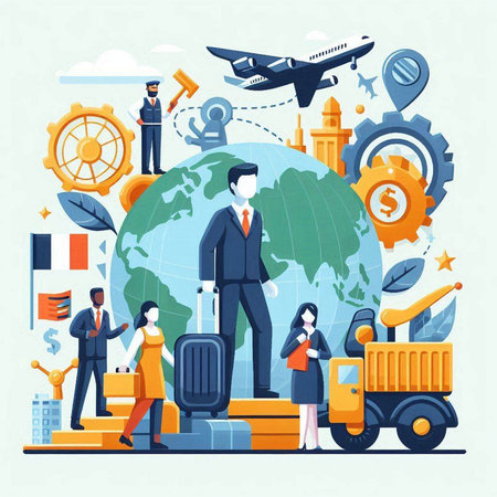 Vector illustration of business people traveling around the world. Flat style design.のイラスト素材
