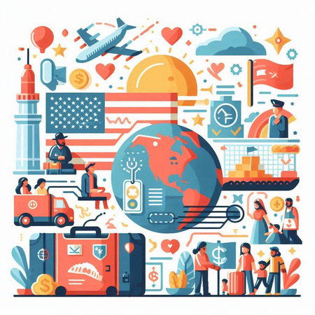 Traveling around the world concept with flat icons. Vector illustration.のイラスト素材
