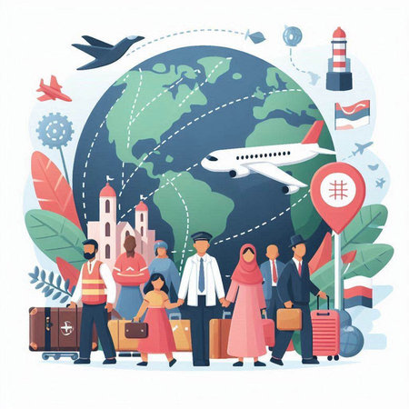 People traveling around the world. Vector illustration in flat cartoon style.のイラスト素材