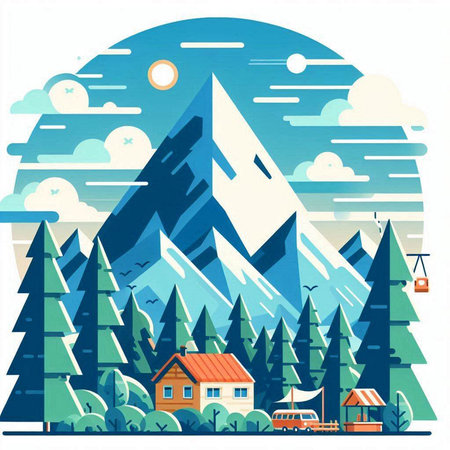 Winter landscape with mountains, trees and houses. Flat style vector illustration.のイラスト素材