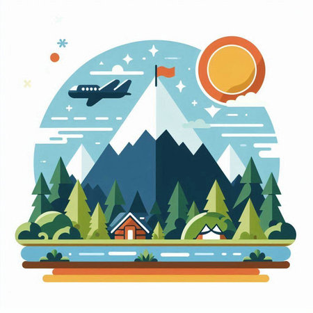 Mountain landscape with airplane and forest. Vector illustration in flat styleのイラスト素材
