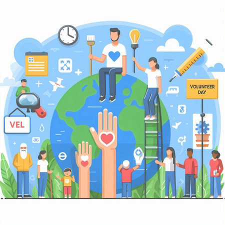 Volunteers help the world. The concept of volunteering and charity. Vector illustrationのイラスト素材