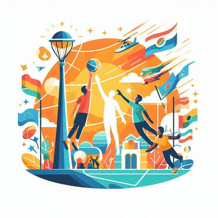 Vector illustration of a group of people playing basketball in the city.のイラスト素材