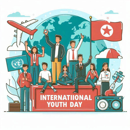 International Youth Day. Group of people with flags and loudspeakers. Vector illustrationのイラスト素材