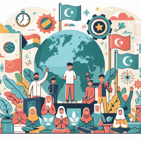 Concept of global communication. Vector illustration in flat style with people.のイラスト素材