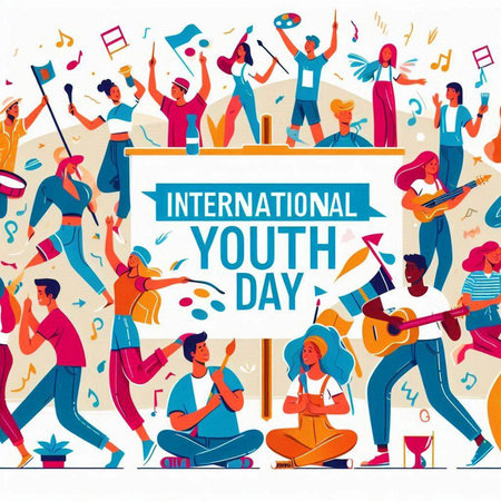 International Youth Day poster with group of people playing musical instruments. Vector illustrationのイラスト素材