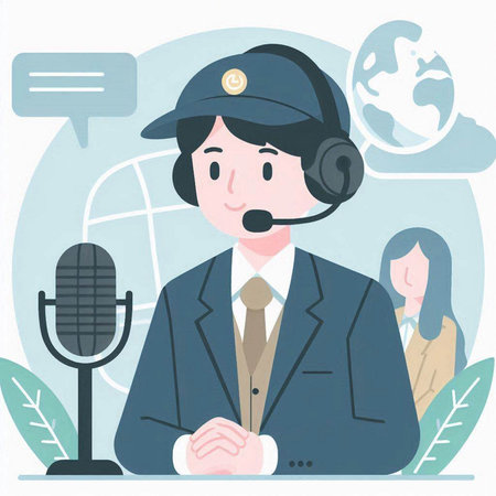 Illustration of a call center agent wearing a cap and a microphoneのイラスト素材