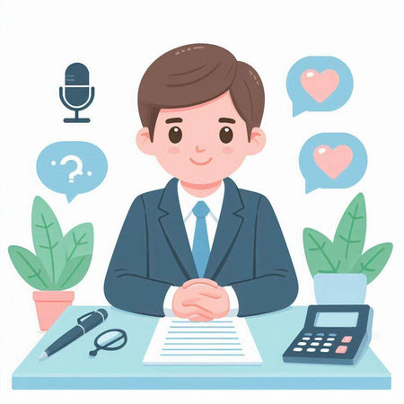 Businessman sitting at his desk and signing a contract. Vector illustration.のイラスト素材