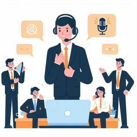 Vector cartoon illustration of a call center worker with headset, microphone and customer service staff.のイラスト素材
