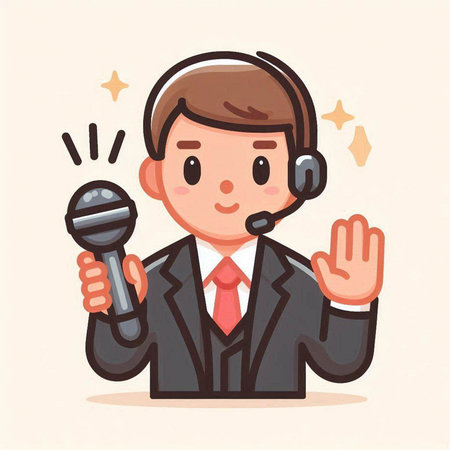 Businessman holding microphone and waving hand. Hand drawn vector illustration.のイラスト素材