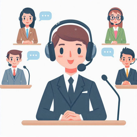 Illustration of a man in a call center with a microphone.のイラスト素材