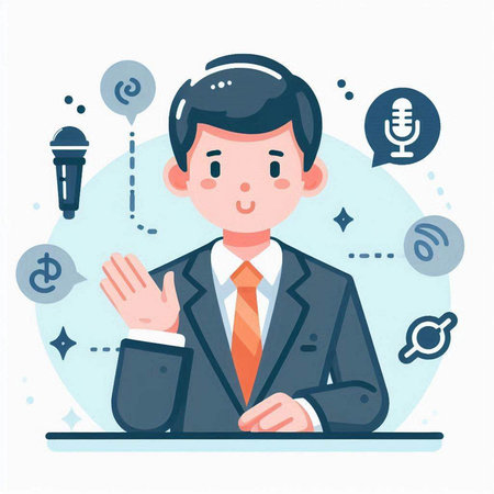 Businessman in suit with microphone and speech bubbles. Vector illustration.のイラスト素材