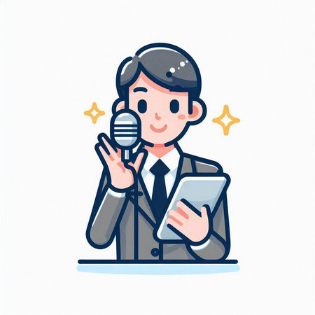 Man in suit holding a microphone and using a smartphone. Vector illustration.のイラスト素材