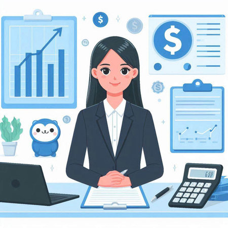Businesswoman sitting at office desk with laptop, calculator and money. Vector illustrationのイラスト素材
