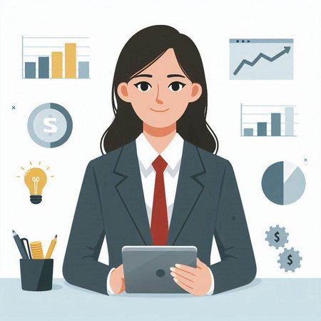 Businesswoman using tablet computer. Vector illustration in flat design style.のイラスト素材
