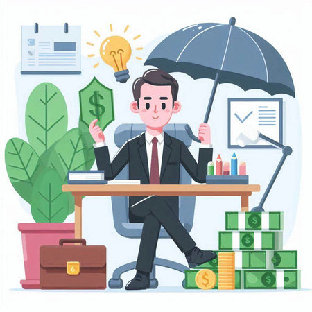 Businessman sitting at the desk with money, lamp and briefcase. Vector illustrationのイラスト素材