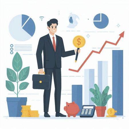 Businessman with piggy bank and coins. Vector illustration in flat styleのイラスト素材