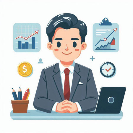 Businessman sitting at his desk and working on laptop. Flat style vector illustration.のイラスト素材