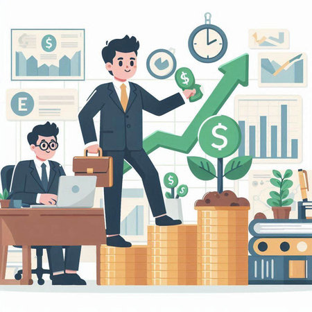 Businessman with laptop and money growth graph. Vector illustration in flat styleのイラスト素材
