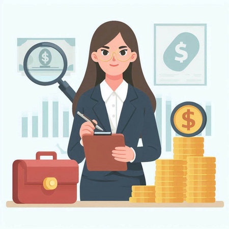 Businesswoman with a calculator and a magnifying glass. Vector illustration.のイラスト素材