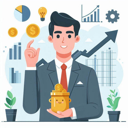 Businessman with a gold coin in his hands. Vector illustration in flat styleのイラスト素材