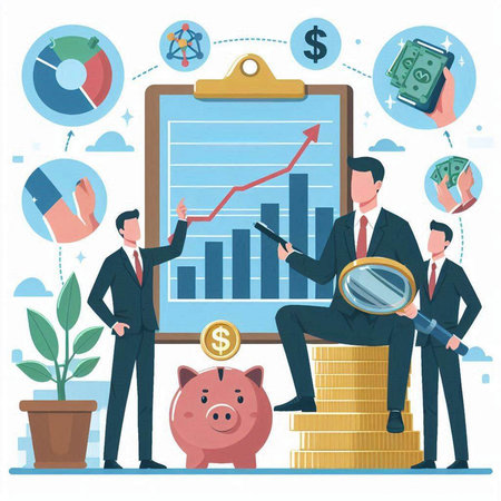Investment management concept. Vector illustration in flat style. Businessman and businesswoman with magnifying glass and piggy bank.のイラスト素材