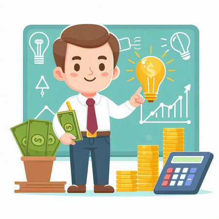 Businessman and money on the background of the board. vector illustrationのイラスト素材