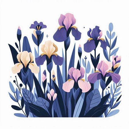 Vector illustration with iris flowers and leaves in pastel colors.のイラスト素材