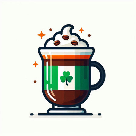 Coffee latte with whipped cream and clover leaf. Vector illustration.のイラスト素材