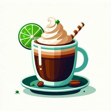 Cup of coffee with whipped cream and lime, vector illustration.のイラスト素材