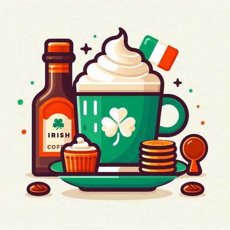 Coffee vector flat illustration. Cappuccino cup with whipped cream, gingerbread cookies, tequila bottle, confetti and clover leaf. Irish holiday celebration.のイラスト素材