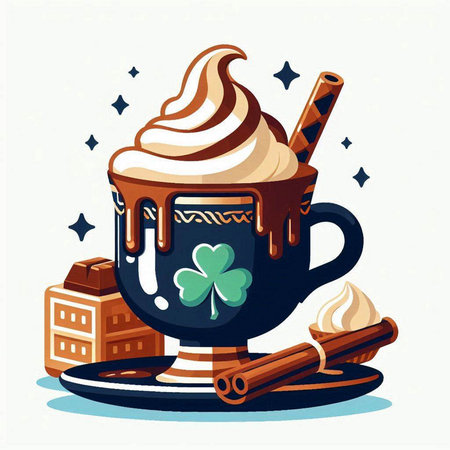 Coffee cup with whipped cream, cinnamon stickshmallows and cookies. Vector illustration.のイラスト素材