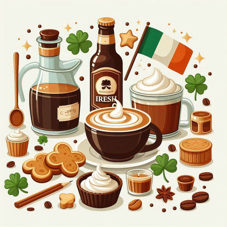 Coffee set. Cappuccino, latte, cappuccino, chocolate, cookies, gingerbread and flag of Ireland. Vector illustrationのイラスト素材