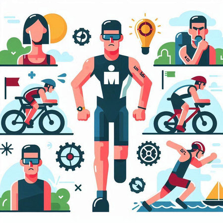 Cyclists and cyclists flat icons set with cyclist characters isolated vector illustrationのイラスト素材