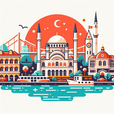 Cityscape of Istanbul, Turkey. Colorful vector illustration in flat styleのイラスト素材