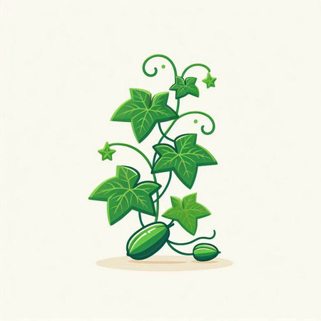 Cucumber plant with green leaves and tendrils. Vector illustration.のイラスト素材