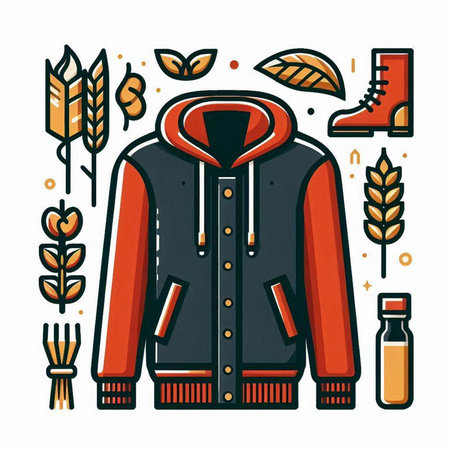 Vector illustration with coat and wheat ears. Autumn season concept. Design for banner, poster or print.のイラスト素材