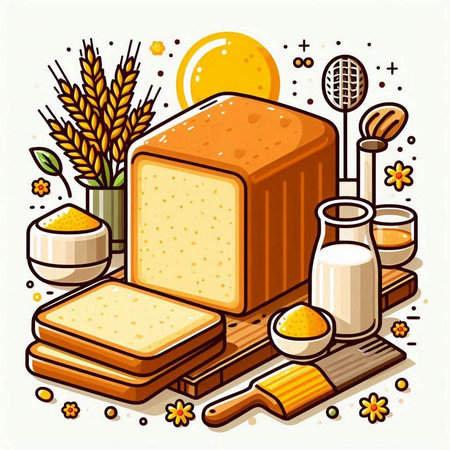 Vector illustration of bread on wooden cutting board with ingredients for baking.のイラスト素材