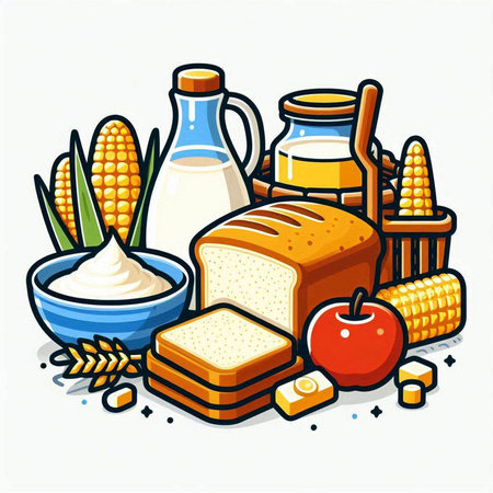 Vector illustration of fresh bread, milk, butter, corn and grain.のイラスト素材