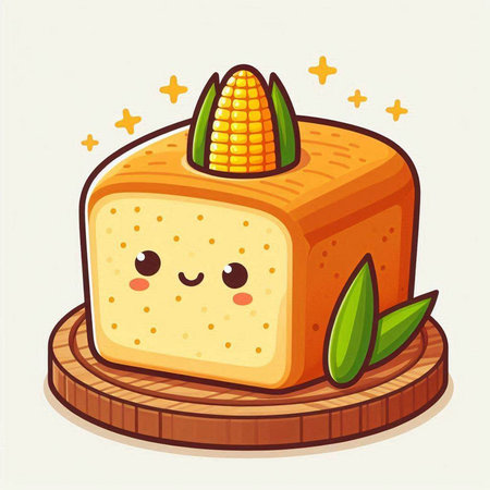 Cute cartoon corn cake on the wooden board. Vector illustration.のイラスト素材