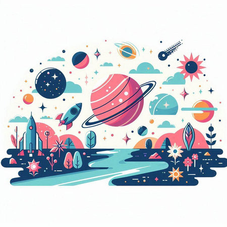 Space background with planets, stars and other elements. Vector illustration.のイラスト素材