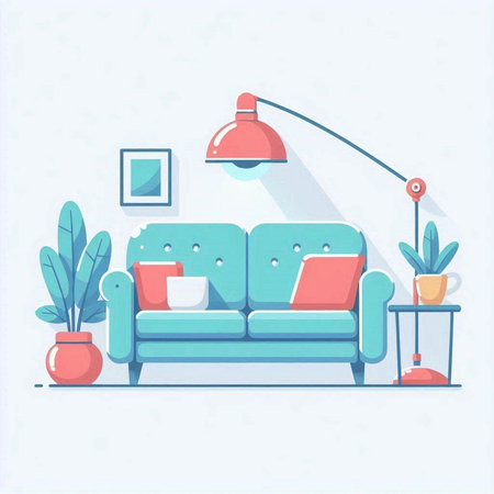 Living room with sofa, lamp and plants. Flat style vector illustration.のイラスト素材