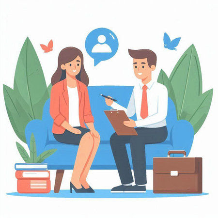 Man and woman sitting on sofa in living room and talking about work. Vector illustration.のイラスト素材