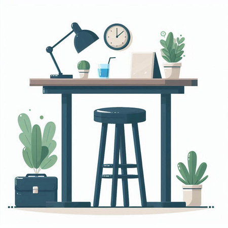 Office workplace. Workplace with desk, chair, laptop, coffee cup, potted plant. Flat style vector illustration.のイラスト素材