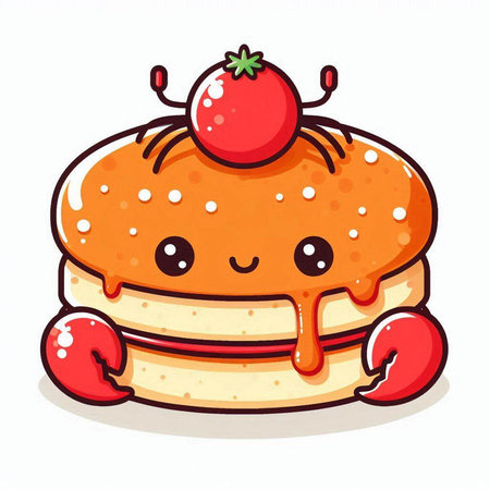 Cute pancake character with strawberry on the white background. Vector illustration.のイラスト素材