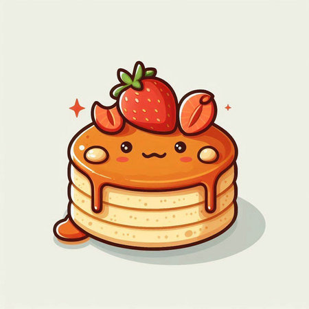 Cute pancake with strawberry and maple syrup. Vector illustration.のイラスト素材