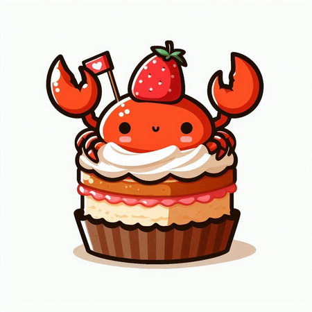 Cute cartoon crab with cream and strawberry cake. Vector illustration.のイラスト素材